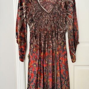 ONE WORLD Red and Brown Floral Long Sleeve Dress